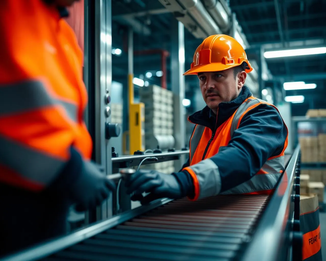 Engineer inspecting a high-speed packaging conveyor system