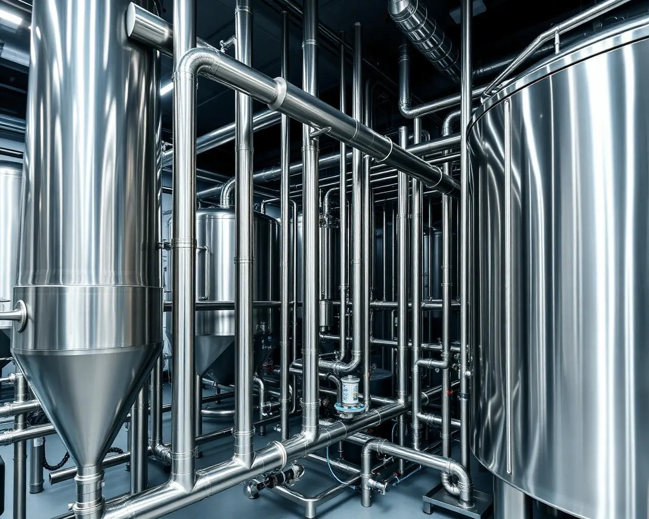 Newly installed stainless steel silo pipework and cooling systems