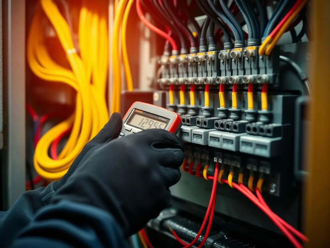Engineer diagnosing an industrial electrical control panel with a multimeter