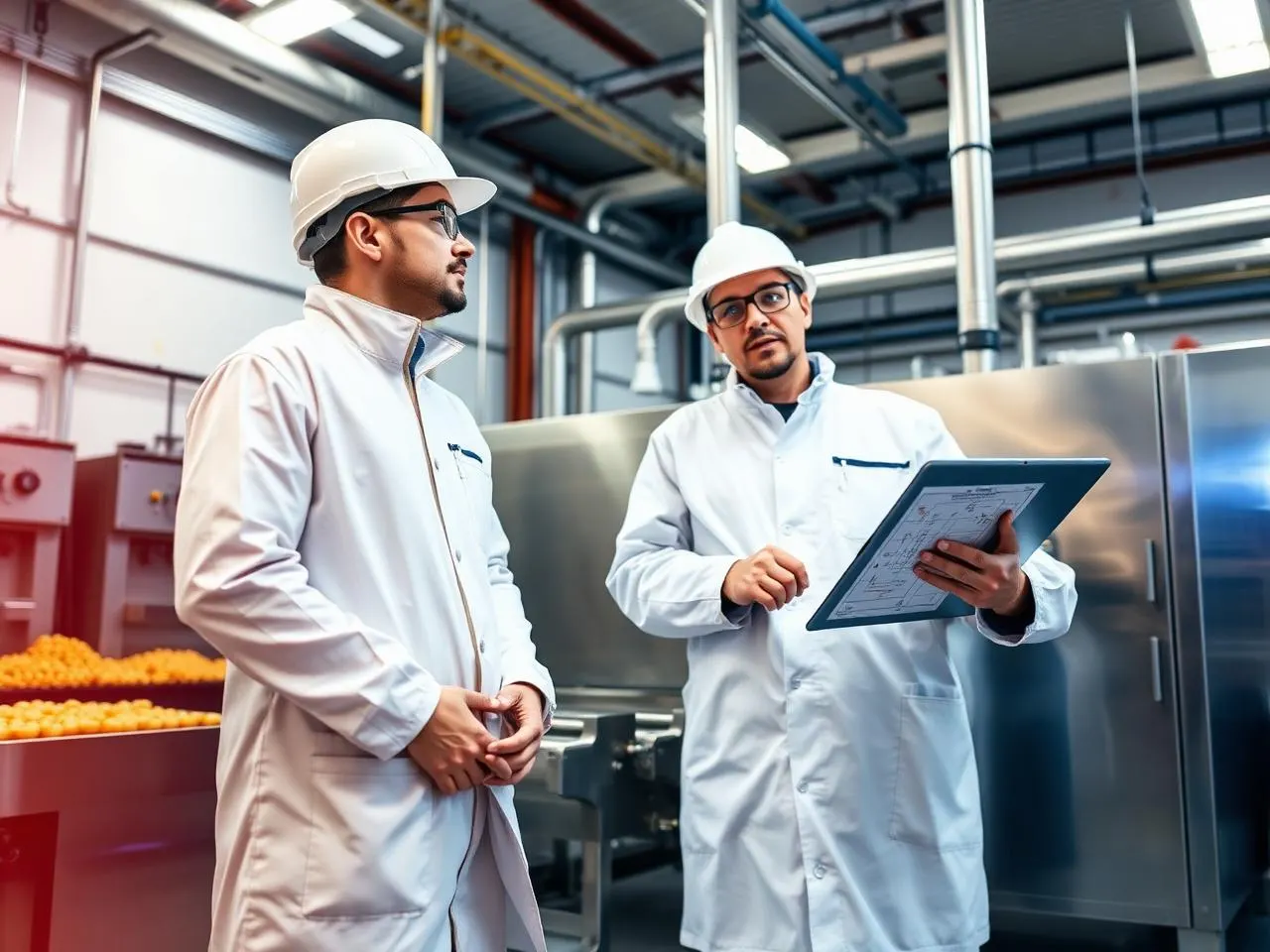 Two engineers in PPE inspecting industrial factory machinery