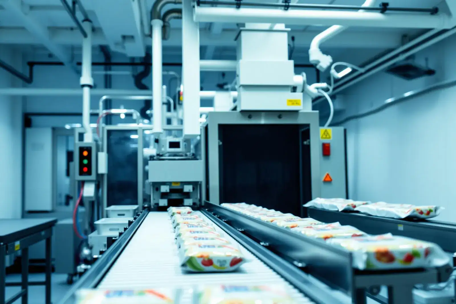 High-speed industrial food production conveyor line